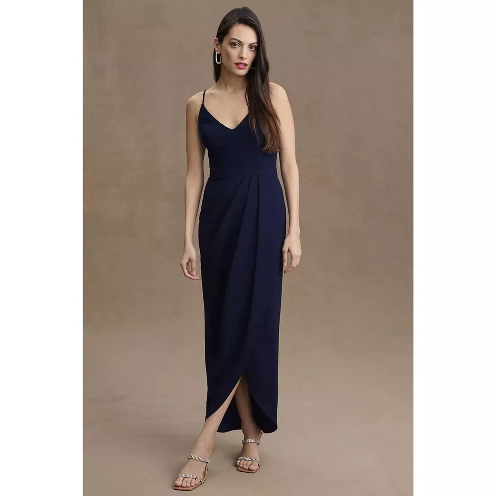 Anthropologie BHLDN Lyra‎ V-neck Faux Wrap Stretch Crepe Navy Midi Dress sz 2